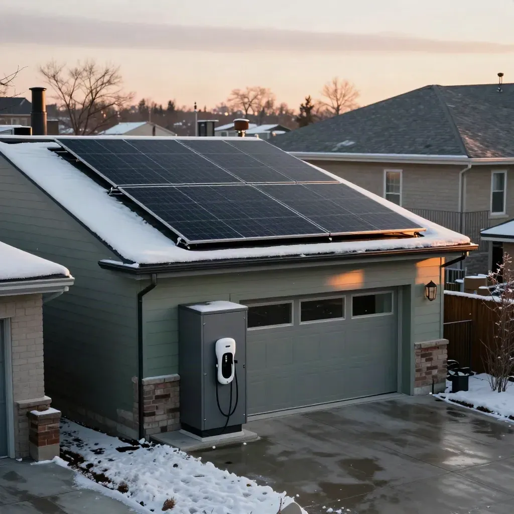Toronto duplex with solar panels, battery storage, and EV charger in winter light