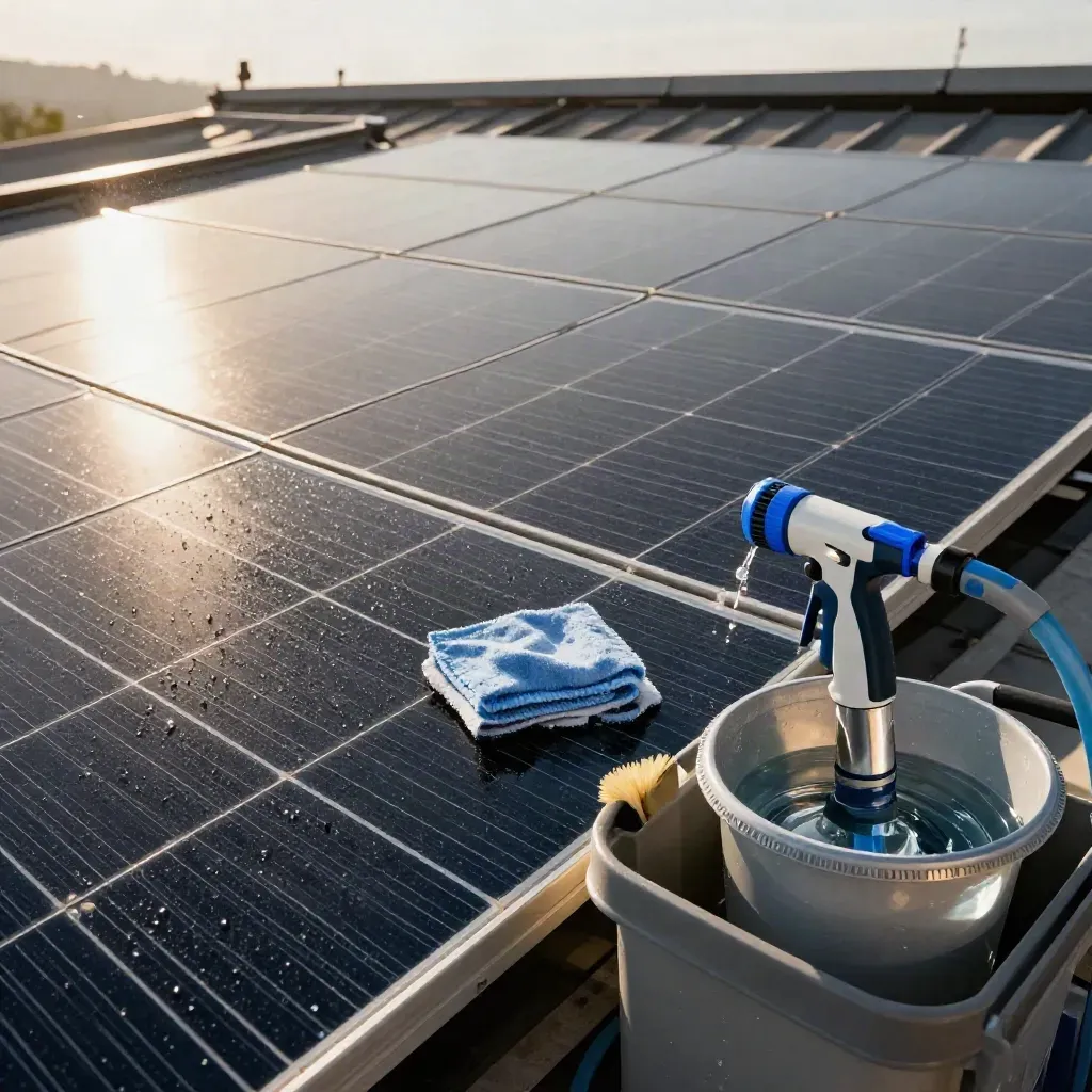 Freshly washed rooftop solar panels beside a maintenance caddy with cleaning tools