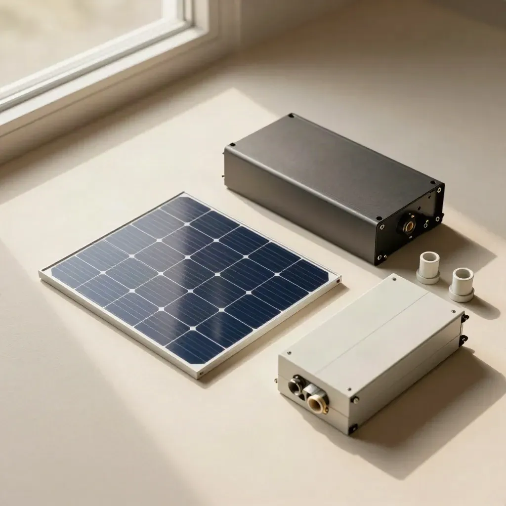 Top-down still life of solar, battery, conduit and inverter samples on pale plaster.