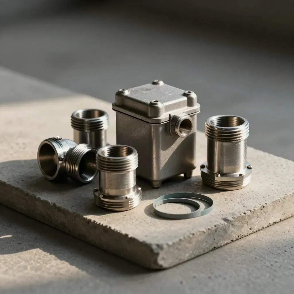 Conduit fittings, fasteners, and a sealed junction box on concrete